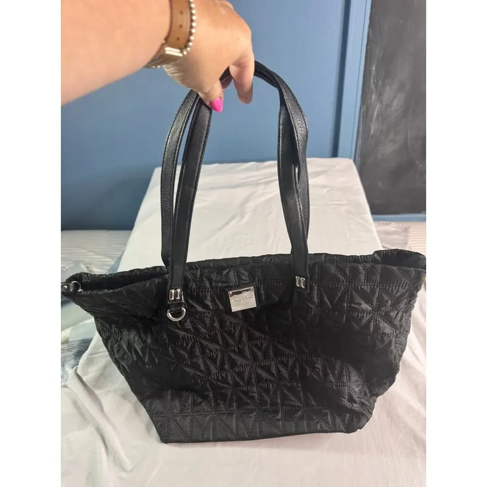Nicole Miller New York Black Quilted Tote Bag Animal Print Lining Shoulder